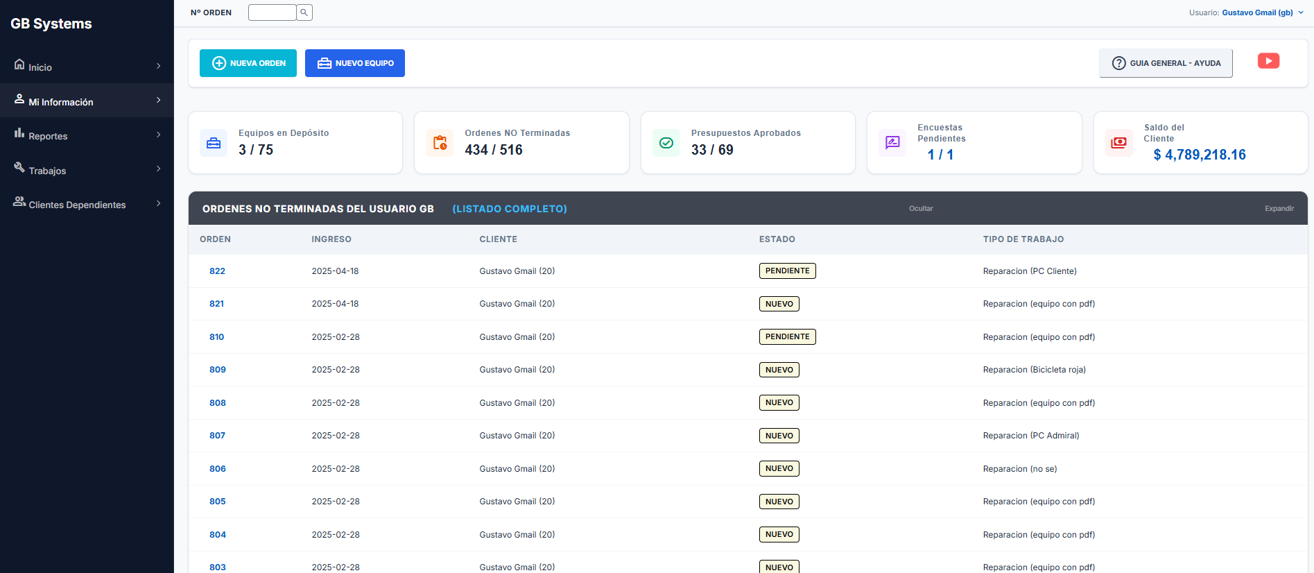 Vista del portal de clientes de GST
